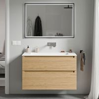 BERNSTEIN - Mobile lavabo sospeso MDF rovere miele, lavello Ghisa bianco opaco senza foro rubinetto, cassetti girevoli - 80x46x62cm - VIREO Rovere Miele Oro, Bianco opaco senza foro rubinetto