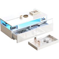 Table basse à plateau relevable Table de salon laquée brillante Table d'appoint avec 2 tiroirs Table d'appoint en verre trempé Table basse avec éclairage LED — Blanc