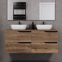 Meuble de salle de bain 120cm avec plateau et deux vasques à poser zeus - 4 tiroirs - sans miroir - tabaco (chêne foncé) - LUNA