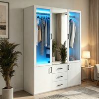 JOOKGBD-Kleiderschrank mit LED-Beleuchtung, 2 Glastüren, zentralem Spiegel, 3 Schubladen und 2 Seitentüren, integrierte Kleiderstange, Aufbewahrungsschrank für Schlafzimmer, Weiß