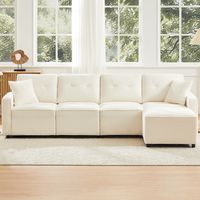 Canapé Modulable 280x146x85 cm - Tissu Corduroy - Assise Mousse Haute Densité + Ressorts - Rangements Sous-Siège - Tabouret Polyvalent - Beige