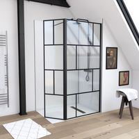Paroi de douche AURLANE DARK BLOCKS - Pivot 90+40x195cm - Sérigraphie type briques - Profilés Noir