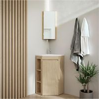 Mob-In – Meuble sous vasque d'angle SORRENTO 45cm – MDF décor chêne – Vasque en résine sans trop-plein – Dimensions compactes L35 x H88 x P45cm