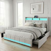Lit adulte 160x200, 4 tiroirs, ports USB/Type-C, lit double capitonné avec éclairage LED, tête de lit avec rangement, tissu lin, style moderne/scandinave(160x200cm, Beige)
