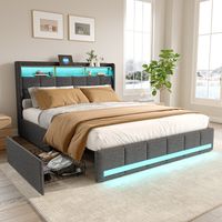 HYTKKBD – Doppelbett mit Schubladen 140x200cm,mit LED-Beleuchtung und USB-Ladefunktion,Polsterbett mit 4 Schubladen,Lattenrost,Polsterbett,Leinen, Grau