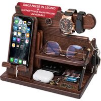Organizer Da Scrivania In Legno Con Supporto Smartphone E Porta Orologi – Compreso Di Alloggiamento Per Il Cavo Ricarica – 25,5x15x18,5 Cm