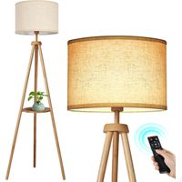 Lampadaire Trépied avec Étagères, Lampadaire Moderne LED Dimmable avec Télécommande, 4 Températures de Couleur, Lampe sur Pied en Bois avec Abat-jour en Lin Beige pour Salon, Chambre à Coucher