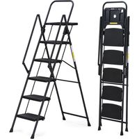 5-step ladder, foldable step stool with tool tray and wide non slip pedals, sturdy steel ladder, convenient handrails, lightweight portable steel step stool