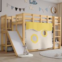 Cama litera infantil con tobogán y cortinas natural OKMYHOME