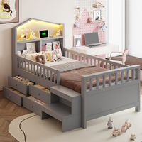 Lit pour enfants 90x200 cm, bois massif, cadre planches, grille sécurité, 4 tiroirs, marches accessibles, lumières LED, ports USB/Type-C, couleur grise.