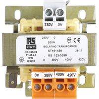 Rs Pro – Transformateur pour tableau électrique 20VA – Tension 230V c.a. – Vin 380/400/420V – Montage rail DIN – Dimensions 66x56x88mm