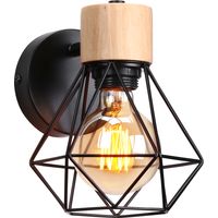 Wandleuchte, Vintage Wandstrahler mit Ø16cm Diamant-form Käfig in Holz & Metal, Beleuchtung Einstellbare für Wohnzimmer Schlafzimmer Korridor Schwarz 1PCS