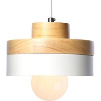 Suspension contemporaine en bois et métal, abat-jour blanc, abat-jour LED industriel, suspensions modernes, 1 luminaire pour salle à manger et cuisine (culot E27, blanc)