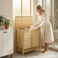 Panier à linge en bambou de 64 L avec couvercle, 2 sacs en tissu Oxford amovibles et lavables, couleur bois