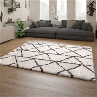 Paco Home Hochflor Teppich Wohnzimmer Shaggy Langflor Modern Skandi Rauten Grau Creme 60x90 cm