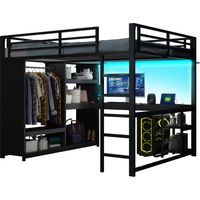 Lit mezzanine avec échelle, lit enfant avec structure en fer et étagère de rangement, armoire
