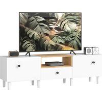 Mobile TV 70" max con 2 Ante a Ribalta, Cassetto e Scaffale Aperto, in Legno, 150x35x45 cm, Bianco e color Legno