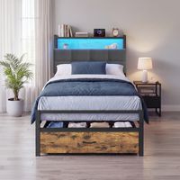 Vasagle – Lit simple 90 x 190 cm avec tiroir de rangement – Cadre métallique noir et marron – Tête de lit rembourrée avec éclairage LED