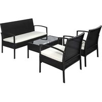 Set giardino 4 pezzi rotin PE tavolino, 2 poltroncine, divano 2 posti nero crema