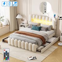 Letto matrimoniale 160x200 cm imbottito in velluto, con 4 cassetti contenitore, LED, USB e audio MP3, testiera regolabile, stile scandinavo - Beige