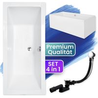 Badewanne Rechteck 175x80 mit AcrylSchürze, Ablaufgarnitur & Füßen GRATIS - Komplettset 4in1 Original Acryl Wanne Siphon - BADLAND QUADRO