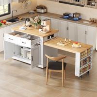 Isla de cocina con mesa extensible, puertos USB, 7 ruedas, 132(235)x70x90 cm, MDF blanco y roble