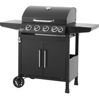 Barbecue à gaz 4 brûleurs – Surface de cuisson 60 x 42 cm – Couvercle avec thermomètre – Acier peint noir – Chariot avec rangement – Cookingbox