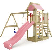 Wickey MultiFlyer wooden play tower with swing and slide for toddlers in light pink
