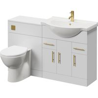 Alexander James Cento Gloss White 1350mm 3 Door Vanity Unit Toilet Suite - 1350mm - Brushed Brass 96mm Knurled Bar HandleJames Toilet Pan and Seat