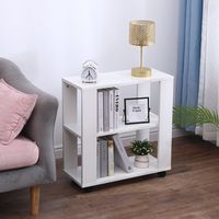 FURNITURE HMD Wooden Side Table with Wheels Small End Table with 2 Tiers Shelf,Storage Unit,Livng Room Table,White,60x27x58cm(WxDxH)