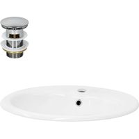 ML-Design Lavabo de Cerámica Blanco Brillante con Forma Ovalada 570 x 485 x 495 mm Inlcuye Juego De Desagüe Cromado Pila con Rebosadero y Agujero para Grifo Lavamanos Moderno Encastrable Para Baño