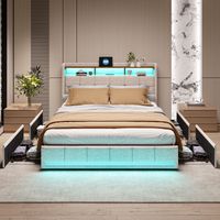 Doppelbett mit Schubladen 160x200cm, mit LED beleuchtetem Kopfteil, 4 Schubladen und 2 USB-Ladeanschlüssen, Lattenrost, Polsterbett, Leinen, Beige