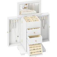 Boîte à Bijoux Femme à 4 Niveaux, Coffre à Bijoux en Bois avec Ailes, Miroir et 2 Tiroirs, 26,5x16 x33,5 cm, Blanc