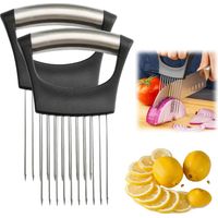 Soporte para cortador de cebolla de acero inoxidable, nuevo soporte para cortar cebolla, cortador de limones, cortador de verduras, picador, ayuda para cortar patatas, tomates, cebollas (2 piezas)