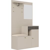 Ensemble vestiaire d’entrée compact avec miroir et coussin rembourré, meuble de couloir, meuble mural, étagère, panneaux de vestiaire pour entrée et couloir, meuble à chaussures, (L x H x P): 110 x 18