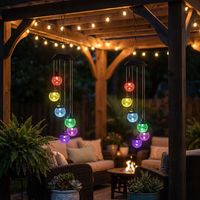 Carillon solaire RGB LED Lampe à suspendre de jardin Décoration extérieure Boule de verre craquelé, métal, changeur de couleur, LED, DxH 12,5x60 cm, set de 2