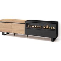Skraut Home - Mobile TV Soggiorno, Ampio spazio a disposizione, 200x57x35cm, Per TV fino a 80", Camino elettrico, Design industriale, Stile moderno, Rovere e nero