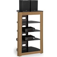 Centurion Supports Zinnia 5-Shelf Black Glass Shelves with Oak Fascia Flat Screen TV / Hi-Fi / AV Rack Entertainment Stand
