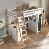 Cama Alta 90x200 Cm Escritorio Y Almacén Integrados Madera Natural Y Blanco
