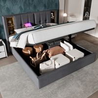 Letto contenitore Letto matrimoniale imbottito 140 x 200 cm con ricarica wireless USB C, rete a doghe in legno e cotone grigio, senza materasso