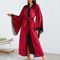 Peignoir de bain kimono en satin et soie pour femme Robe de chambre longue en velours et dentelle, à volants, avec ceinture et manches évasées, tenue d'intérieur sexy multicolore