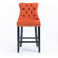 Tabourets de bar en velours de style contemporain, avec capitonnage à boutons, pieds en bois et bordure à clous chromés, lot de 2, couleur orange