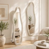 Miroir asymétrique pleine longueur 140×45cm,miroir de sol avec support réglable,fixé au mur,miroir sur pied, incassable HD verre,cadre en métal,pour salons et chambres,velours cristal,Blanc