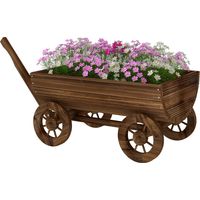 Chariot de jardin en bois 4 roues avec anse, jardinière extérieur, trou de drainage, carbonisé 115x40x54.5 cm