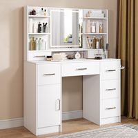 Schminktisch 110x40x140cm mit LED-Spiegel – Frisiertisch mit 2 Aufsatzschubladen, Haartrocknerhalter und Ladeanschlüssen – Holz – Weiß