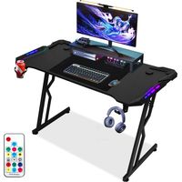 Wolketon Bureau Gaming LED, 120 x 60cm Grande Bureau Gamer avec Un Plateau en Fibre de Carbone, Noir