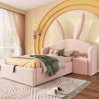 Bett Kinderbett rosa 90x190 cm Samt mit Stauraum, Nachttisch und Kopfteil mit Hasenohren