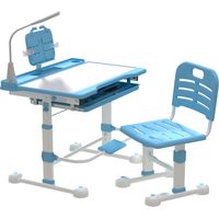 Ensemble Bureau et Chaise Enfant 3-12 Ans - Hauteur Réglable Lampe LED Incluse, Plateau Inclinable 45° Support de Lecture Tiroir et Porte-gobelet Bleu