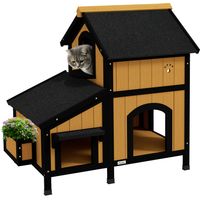 Caseta de madera para gatos con maceta, ventanas, múltiples entradas y techo impermeable para uso exterior - Amarilla
