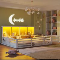 Bett MDF und Metall Weiß 140x200 cm mit Lattenrost, Seiteregal, öffnbarer Brüstung und LED-Beleuchtung